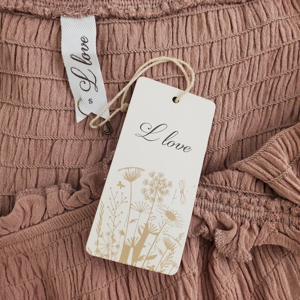 LLove Tan Shirred Smocked Peasant Mini Dress Bell Sleeve Boho Cottagecore NWT S - Picture 7 of 8